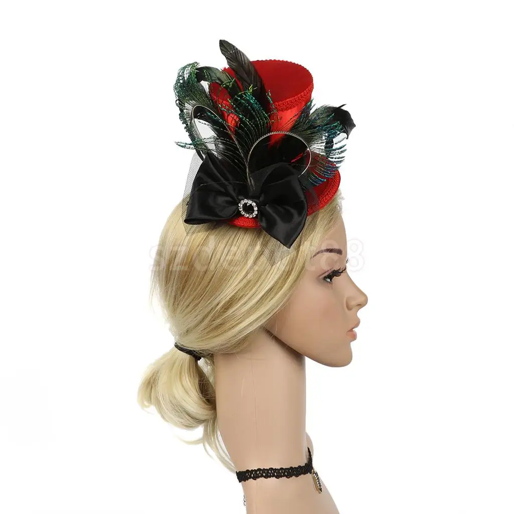 Vintage Women Ladies Black Feather Mini Top Hat Bowknot Hair Clip Fascinator Wedding Engagement Church Party Headwear