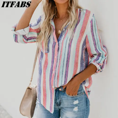 

Fashion Women Ladies Long Sleeve Striped Long Sleeve Loose Blouse Summer V Neck Casual Shirt Tops