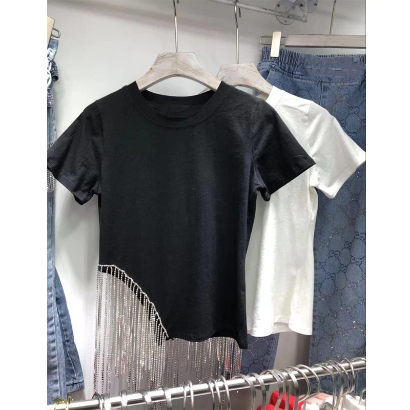 

Europe and The US 2019 Summer New High-end Personality Slimming Black T-shirt Female Short Sleeve Hem Fringed T-shirts