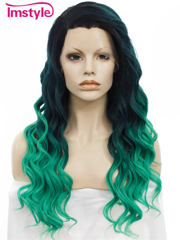 

Imstyle Loose Wavy Two Tone Ombre Wigs Synthetic Front Lace Wig for Women Heat Resistant Fiber Long Hair Pink Green Color