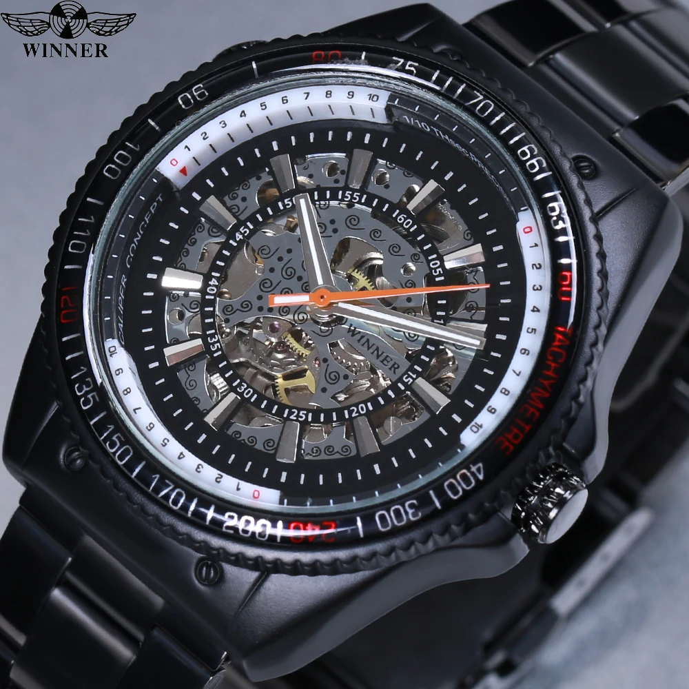 

2018 Winner New Style Full Black Skeleton Designer Watch Stainless Steel Top Brand Luxury relogio masculino men mechanical watch