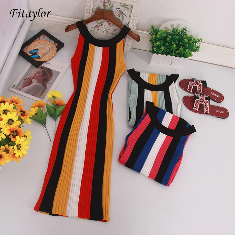 

Fitaylor 2019 Women Striped Dresses Spring Summer Robe Femme Bodycon Sweater Dress Sleeveless Stretch Knitted Vestidos
