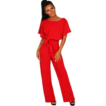 

Women Fashion Round Neck High Street Palysuit Women Short Sleeve Lace Up Jumpsuit Women Pants