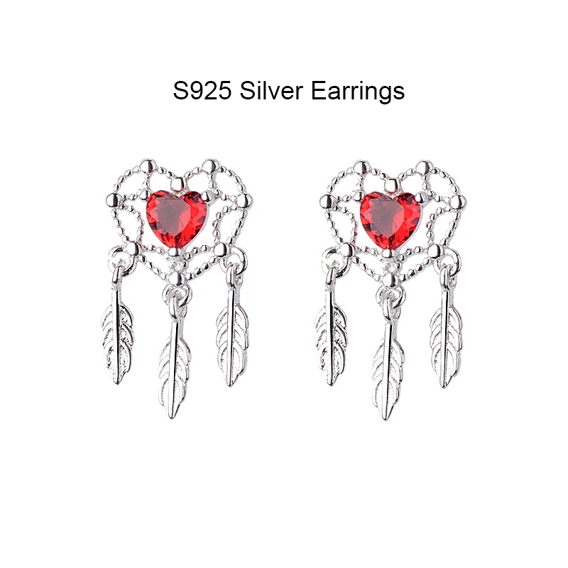 Серебряное красное сердце, Ловец снов, перо, ожерелье 925 AAA, сердце, циркон, подвески, ожерелье для женщин, модное ожерелье, ювелирные изделия для девушек - Окраска металла: S925 Silver earrings