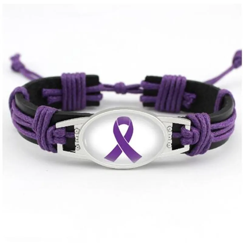 

Custom Pancreatic Cancer Awareness Bracelet Jewelry Purple Ribbon Charm Real Adjustable Bracelets & Bangles For Man Woman 10PCS