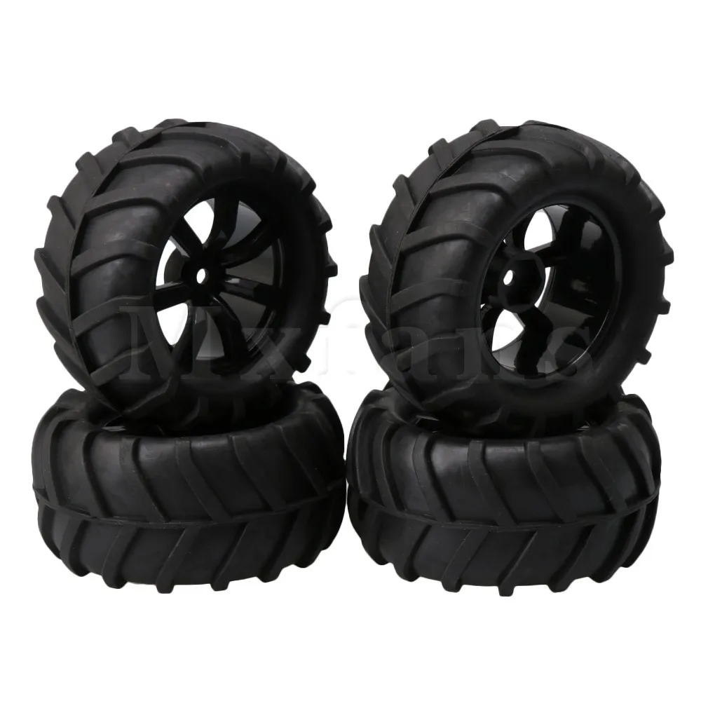 Mxfans 83x40mm Black 7-Spoke Plastic Wheel Rims & Rubber Tire for RC1:16 Large Foot Car Spare Parts Pack of 4