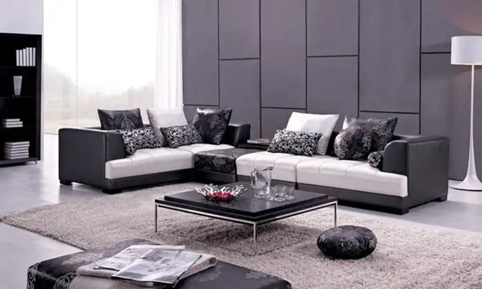 Free Shipping Modern Design Sofa, made with Top Grain Leather L Shaped Corner Sectional Sofa Set with Ottoman, coffee table