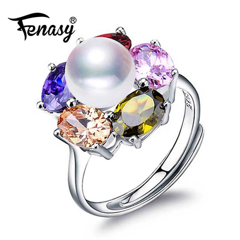 

FENASY Pearl Jewelry Adjustable 925 Sterling Silver Colorful Party Flower Rings Natural Freshwater Rings For Women