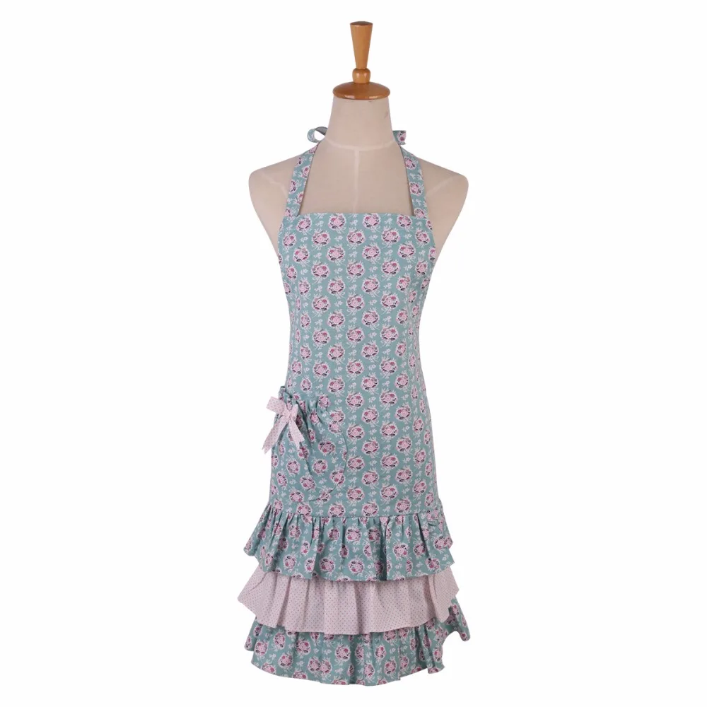

2017 Newest Lotus Leaf Apron Skirt Cotton Printed Aprons For Woman Kitchen Cooking Waitress Apron Wholesale Elegant Dress Apron