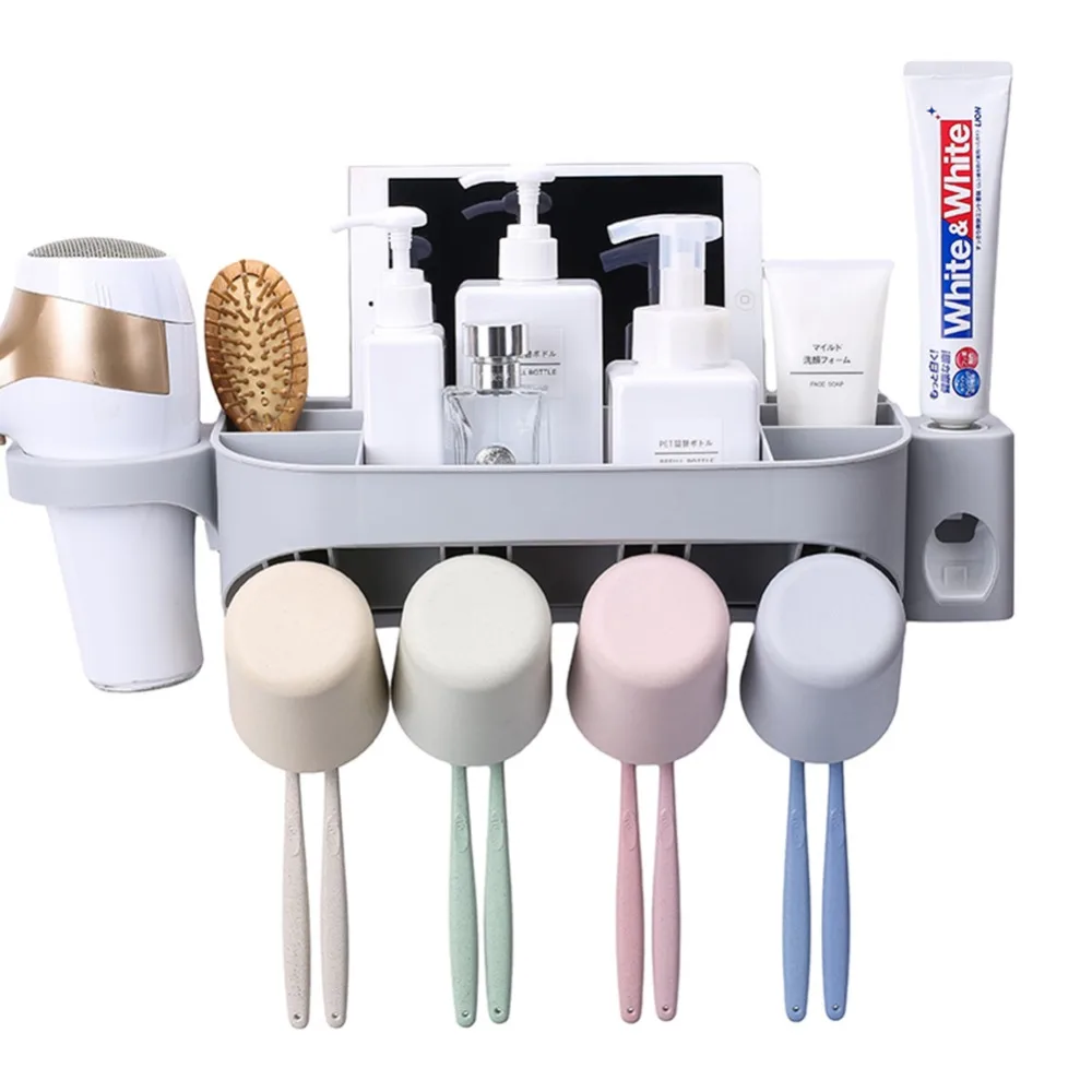 

Multi-function Automatic Toothpaste Dispenser Family Set Wall Mounted Tooth Brush Holder Rack with Hair Drier Holder and Cup
