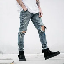 L модные Для мужчин байкерские джинсы Distressed Slim джинсовые штаны плиссированные мотоцикл Джоггеры мужские дизайнерские брюки-карго JeanTrousers