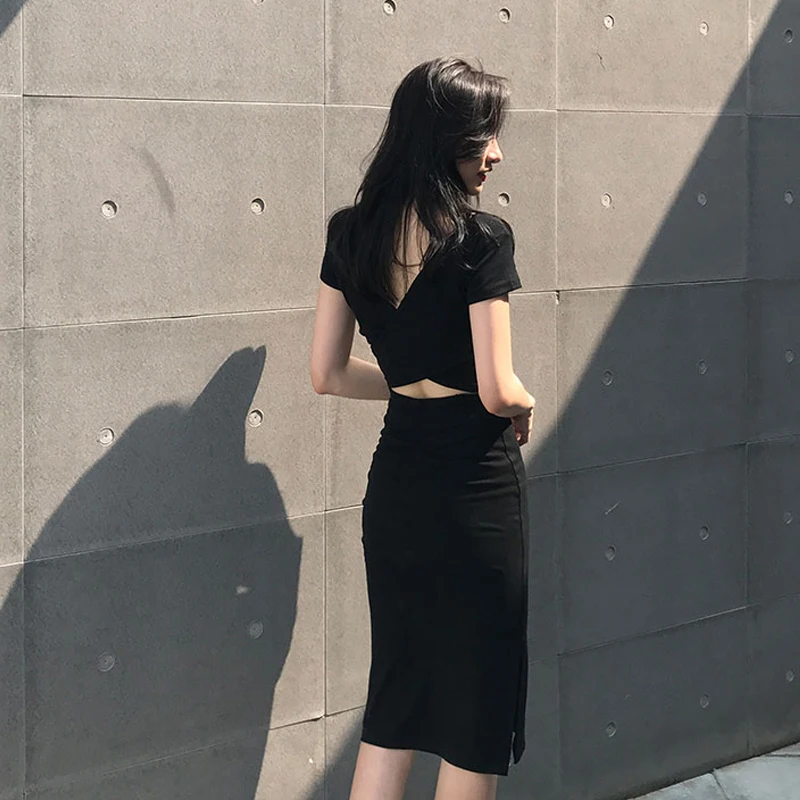 

women dress sexy pencil solid hollow out short sleeve regular mid-calf length empire o-neck collar 2018 spring autumn new female
