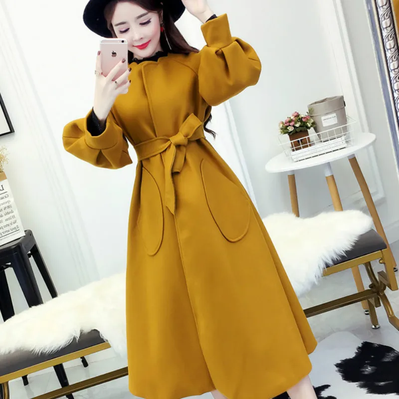 

For 40-65 kg Women's woolen winter coat women 2019 autumn new slim tie long woolen windbreaker jacket female manteau femme hiver