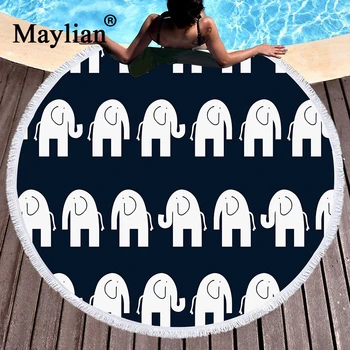 

Microfiber Round Beach Towel Large Bath Towel Adults Summer Toalla Black and white Elephant Cross Printed Tassel Tapestry T127