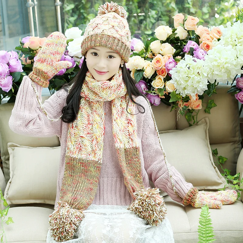 Женская трикотажная шапка с шарфом и перчаткой помпоном|scarf glove|hat scarf glovesknitted hat |