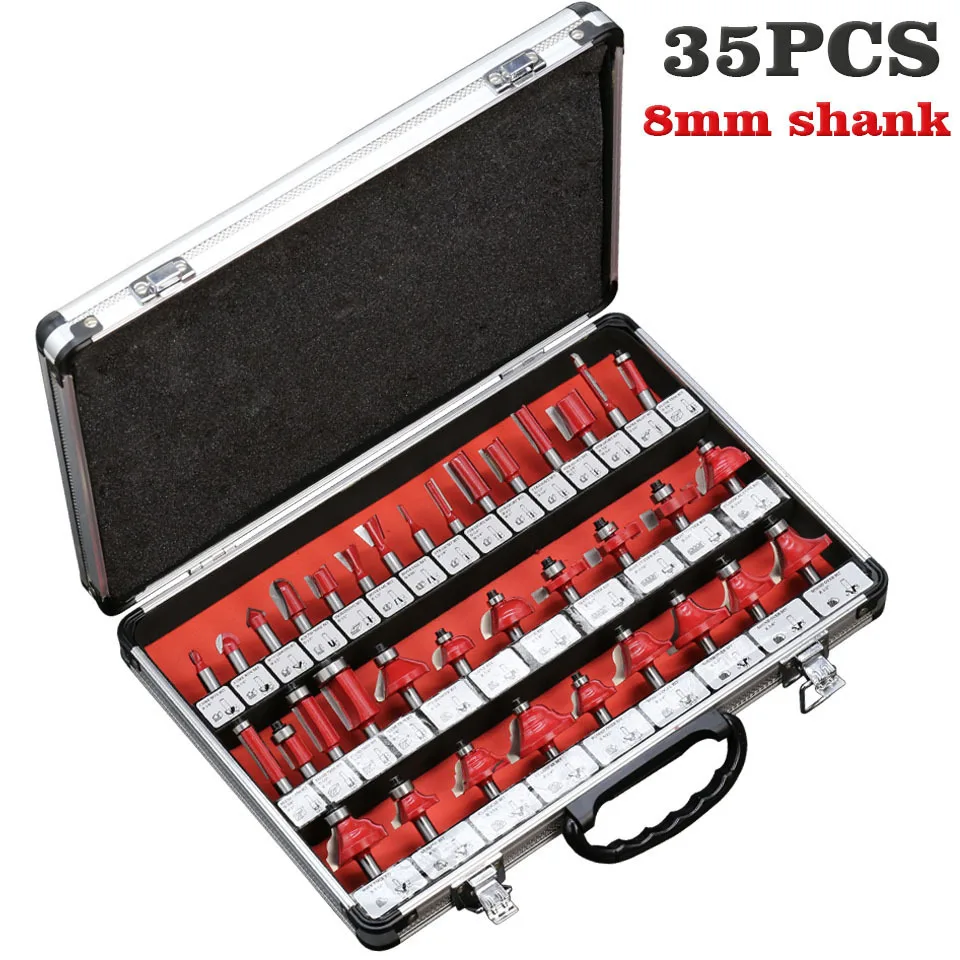 35PCS one set 8mm Shank Tungsten Carbide Router Bit Set Wood Woodworking Cutter Trimming Knife Forming Milling w/ Wood Case box