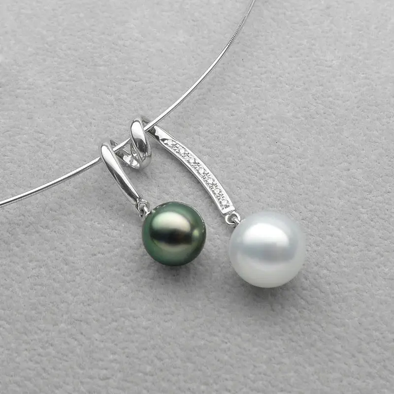 

free shipping 8-10MM Multicolor Real Tahitian South Sea Pearl Pendant 18 White Gold