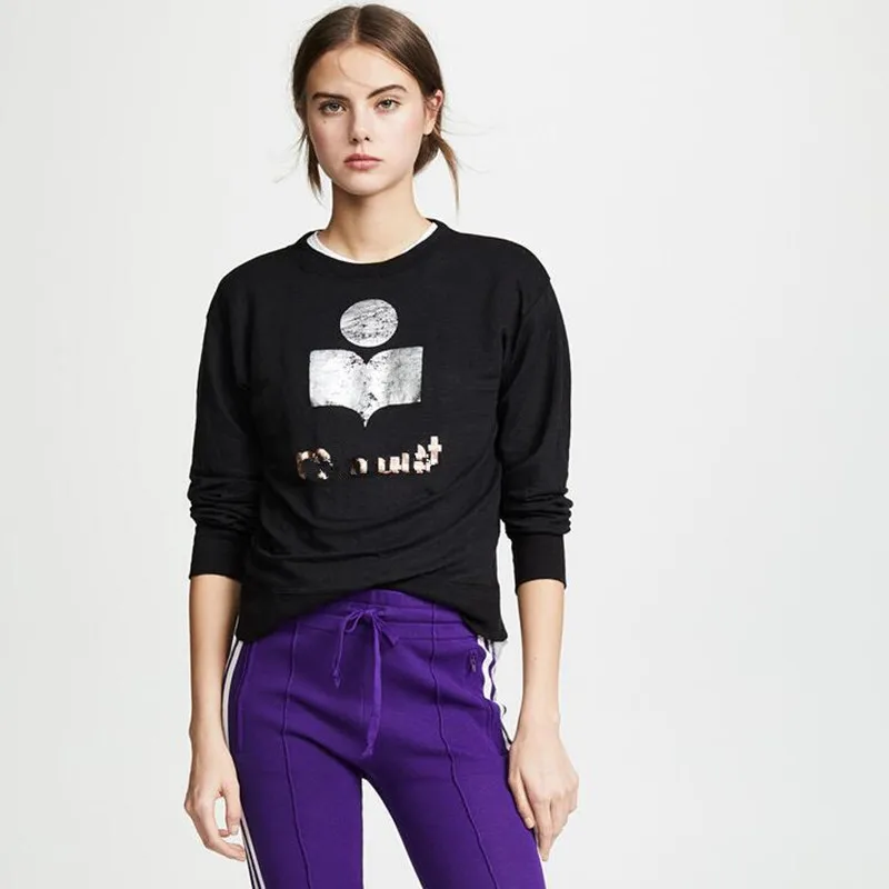 

2019 New Women Black/White Letter Tshirt Linen Knitted Long Sleeve Loose T Shirt
