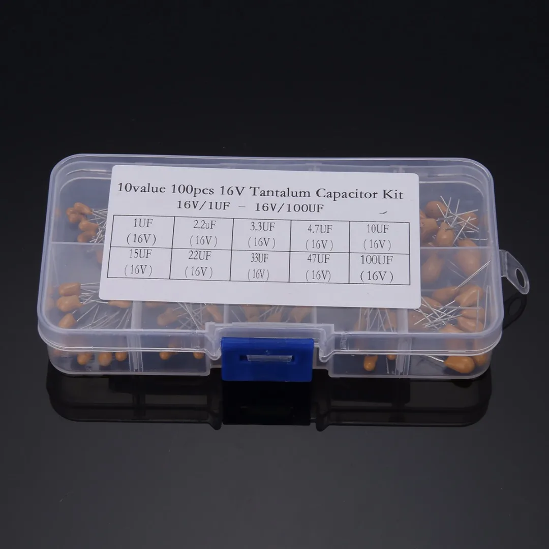 Mayitr 100pcs Tantalum Capacitor High Precision 16V 10 Values 1uf-100uf Assortment Kit Set with Box