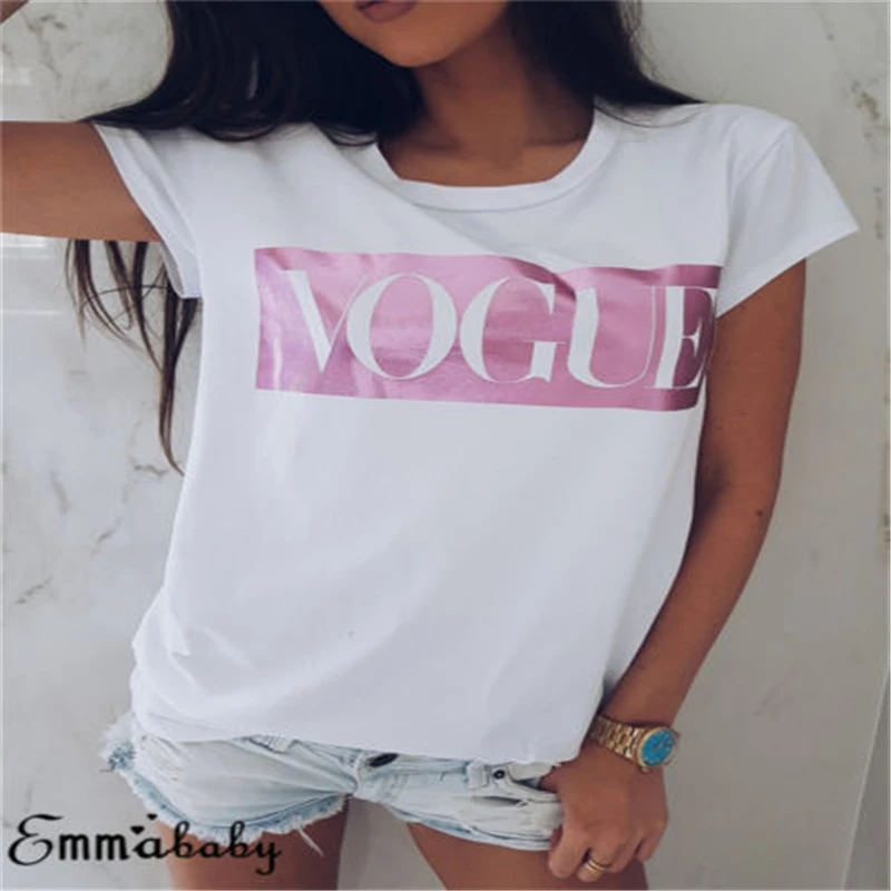 

Tshirt Womens Girls T-Shirt VOGUE Printed T-shirts Casual High Quality Cotton Material Tops Tee Shirt Pink Gold Green Color
