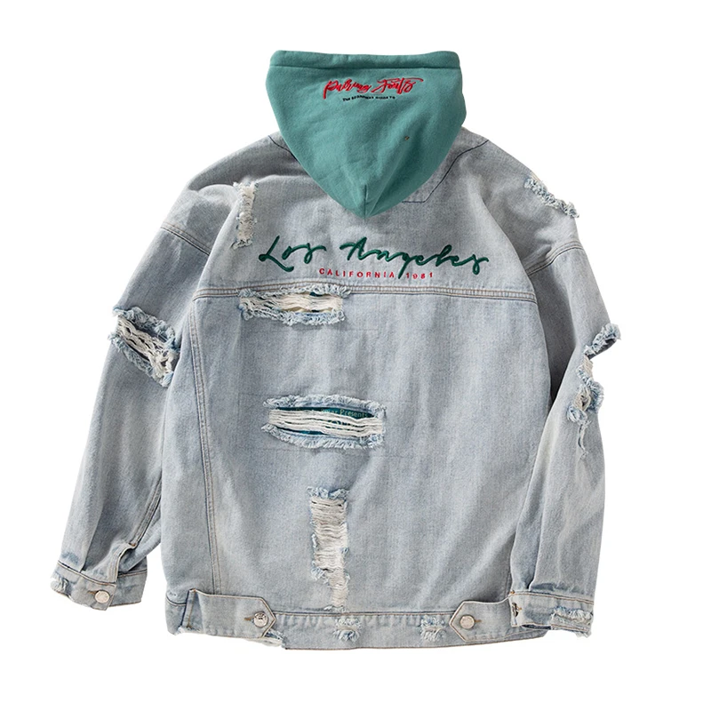 

2019 Women Hooded Embroidery Denim Bomber Jackets Ripped Holes Vintage Short Jacket Jeans Distressed Hip Hop Streetwear