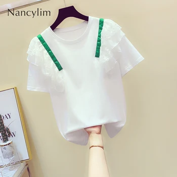 

Temperament Splicing Lotus Leaf Edge Round Collar Short-sleeved T-shirt Female Summer Casual Pull Thin Jacket Student Tshirt Top