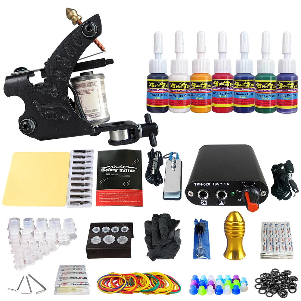 

Hybrid Complete Tattoo Coil Machine Kit For Liner Shader Power Supply Foot Pedal Needles Grip Tips Tattoo Body&Art TK105-79