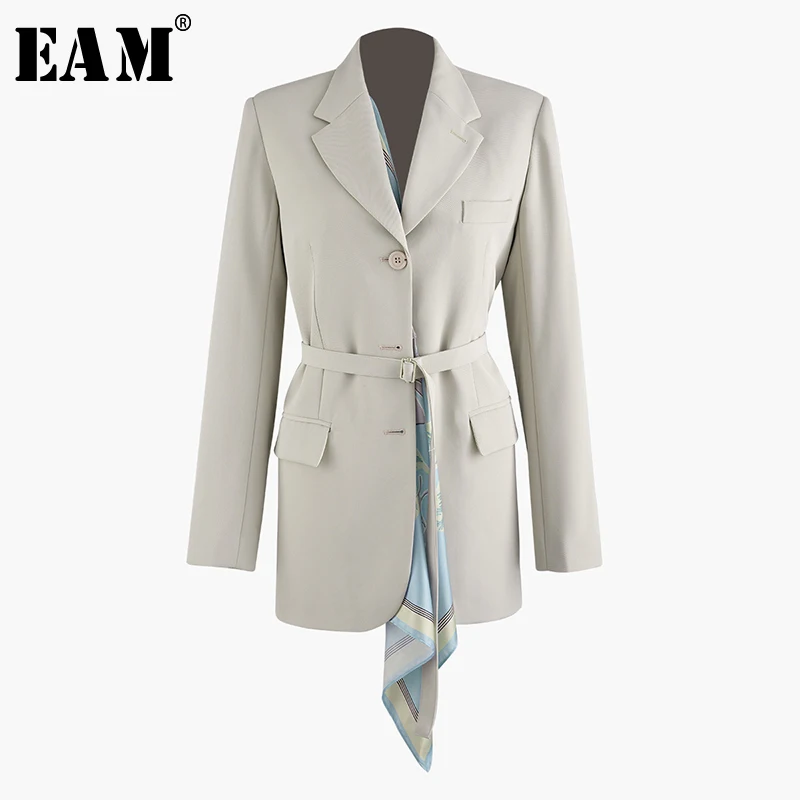 [EAM] Новинка, Осень-зима, с отворотом, длинный рукав, неровный шарф, раздельный, свободный, бандажный жакет, Женское пальто, модный, JT846