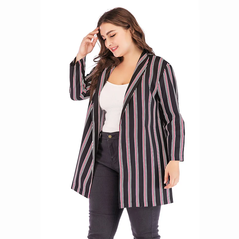 Spring Women Plus Size Jackets Chiffon Suit Jacket Stripes Long Sleeve Slim Suit Button Large Size Women Basic Jackets 5XL