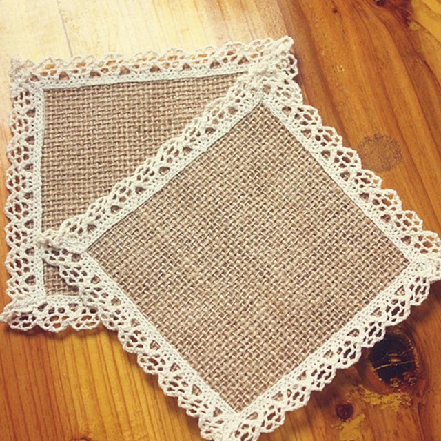 4pcs Jute Placemat Dining Table Mat Burlap Lace Coasters Slip