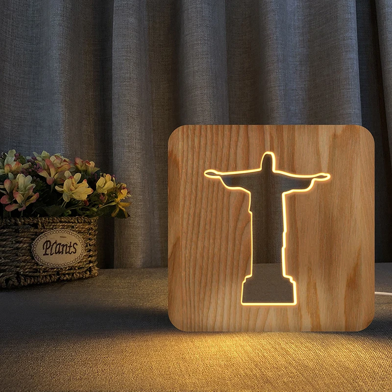 3D деревянная лампа jesu Cristo Redentor дизайн для спальни ночник Подарки для христианских USB powered светодиодная декоративная подсветка украшения