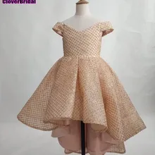 CloverBridal/хорошее качество, шикарное блестящее роскошное Золотое Платье с v-образным вырезом и высоким низким вырезом для девочек с открытыми плечами, праздничное платье для девочек с цветочным узором для танцев