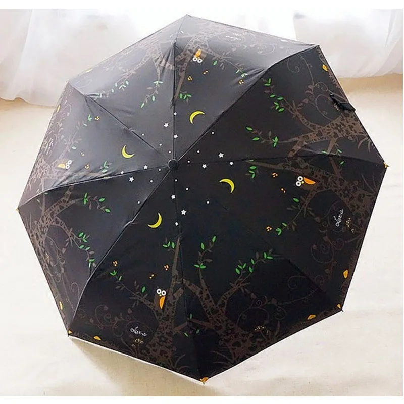 Корейский креативный складной автоматический зонт с деревянной ручкой в виде совы, женский небольшой Зонт от дождя с черным покрытием, мужские зонты - Цвет: black