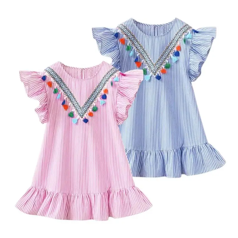 

Summer Baby Girls Clothes Cute Kids Short Ruffle Flying Sleeve Tassel Stripe Dresses Birthday Party Princess Dresses 2019 New