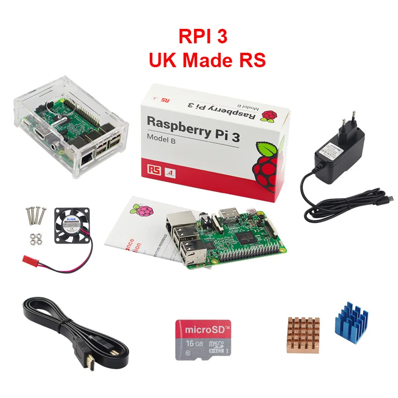 Prix pour ROYAUME-UNI RS Raspberry Pi 3 Modèle B + Acrylique Cas + 16G SD Carte + CPU Ventilateur + 2.5A Puissance Adaptateur + 1.5 M HDMI vers HDMI Câble + Chaleur évier Prix pour ROYAUME-UNI RS Raspberry Pi 3 Modèle B + Acrylique Cas + 16G SD Carte + CPU Ventilateur + 2.5A Puissance Adaptateur + 1.5 M HDMI vers HDMI Câble + Chaleur évier