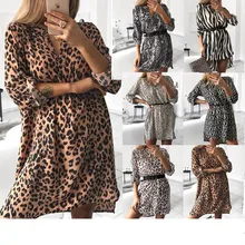 Women’s Spring Sexy Leopard Dress Snake Print Striped Long Sleeve V-neck Feminine
