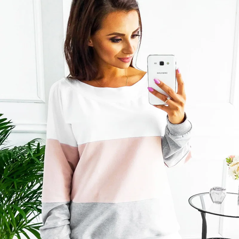 

New T-shirt Europe and the United States 2019 spring color matching stitching long-sleeved T-shirt female free shipping