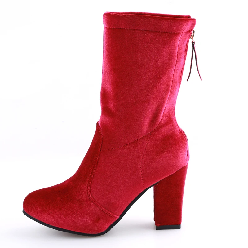 

Women Boots Spring Autumn Mid-Calf Zipper Boots Botas Fashion Female Stretch Cotton Fabric Gold Velvet Boots Shoes Woman