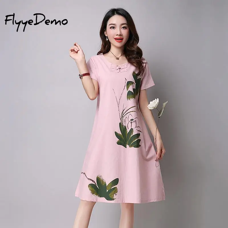 Women Casual Cotton Linen Dress Lotus Printing O-Neck Summer 2018 Vintage Short Sleeve Waist Bow Loose Dresses |