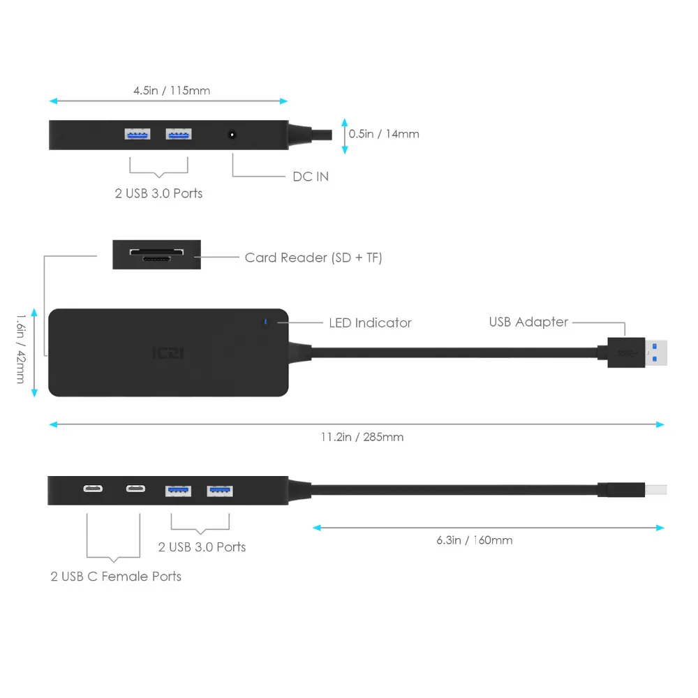 ICZI USB 3.0 Hub 4 * USB 3.0 الموانئ + 2 * نوع C منافذ + SD TF قارئ بطاقات عالية سرعة محور للكمبيوتر أجهزة الكمبيوتر المحمولة الهاتف المحمول اكسسوارات