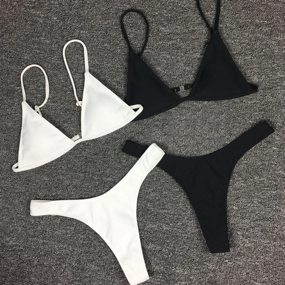 

Women Female Split White Black Two Pieces Beach Halter Bikini Set Swimsuit Swimwear Biquini Tankini Plavky Maillot De Bain