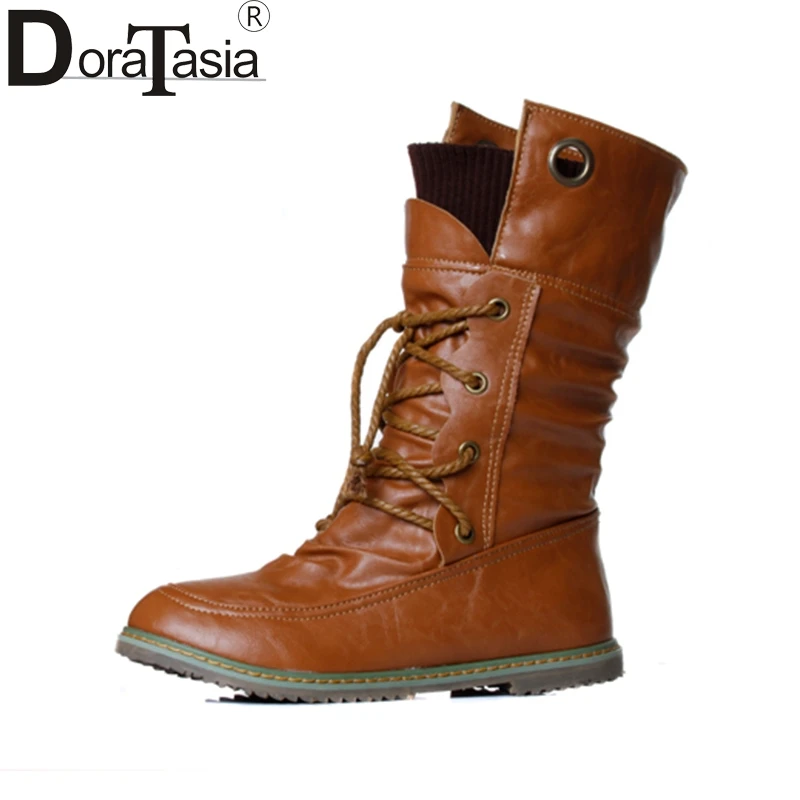 

DoraTasia Big size 34-43 Fashion Women Snow Boots Vintage Lace Up Flat Heels Autumn Shoes Add Fur Winter Platform Shoes Woman