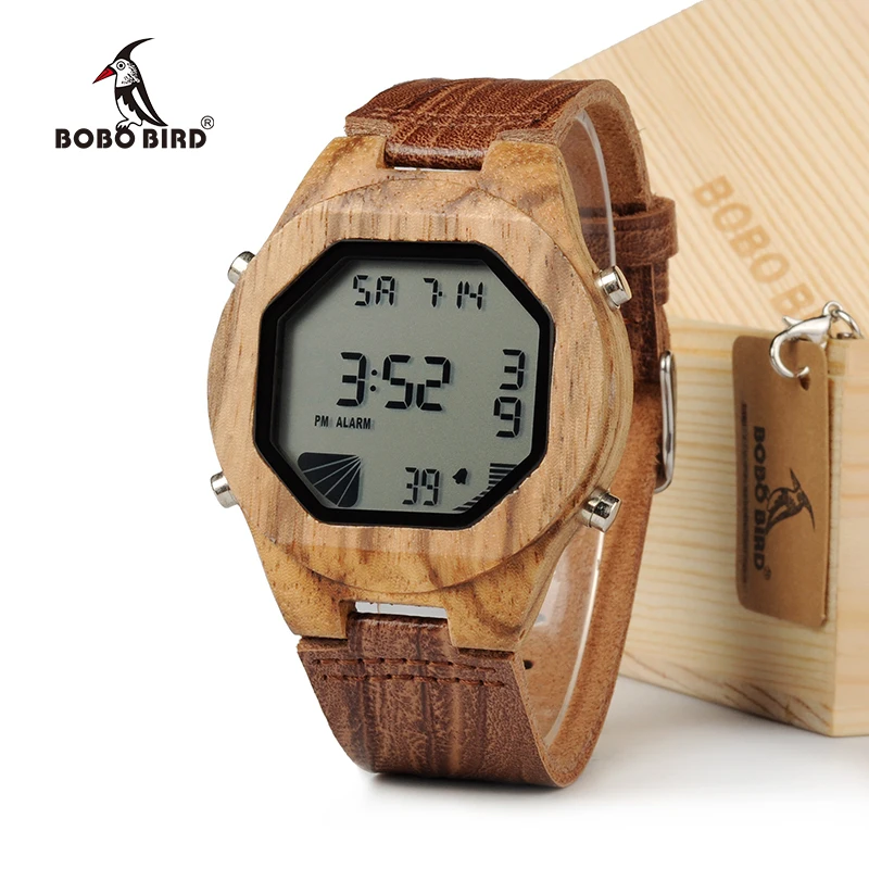 

BOBO BIRD A13 Mens Top Brand Design Bamboo Wooden Watch LED Digital Wristwatches Multifunction Calendar Watch