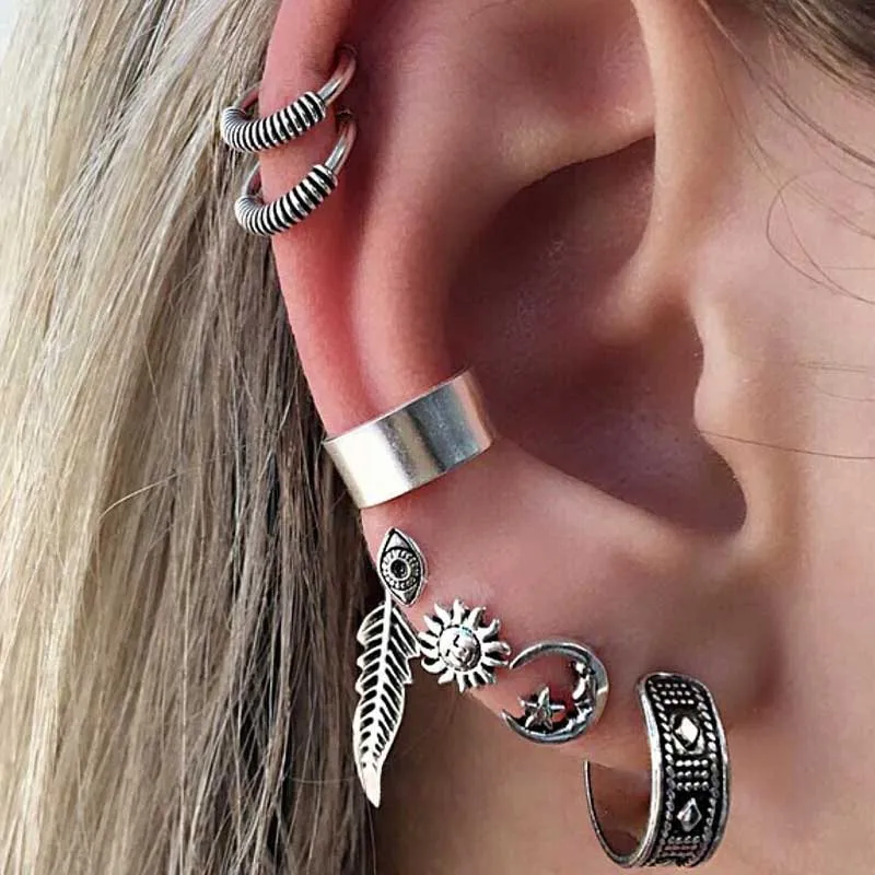 

7 PCS/SET Bohemian Vintage Earrings Set Feather Sun Star Moon Eye Stud Earrings For Women Punk Jewelry Christmas Gift