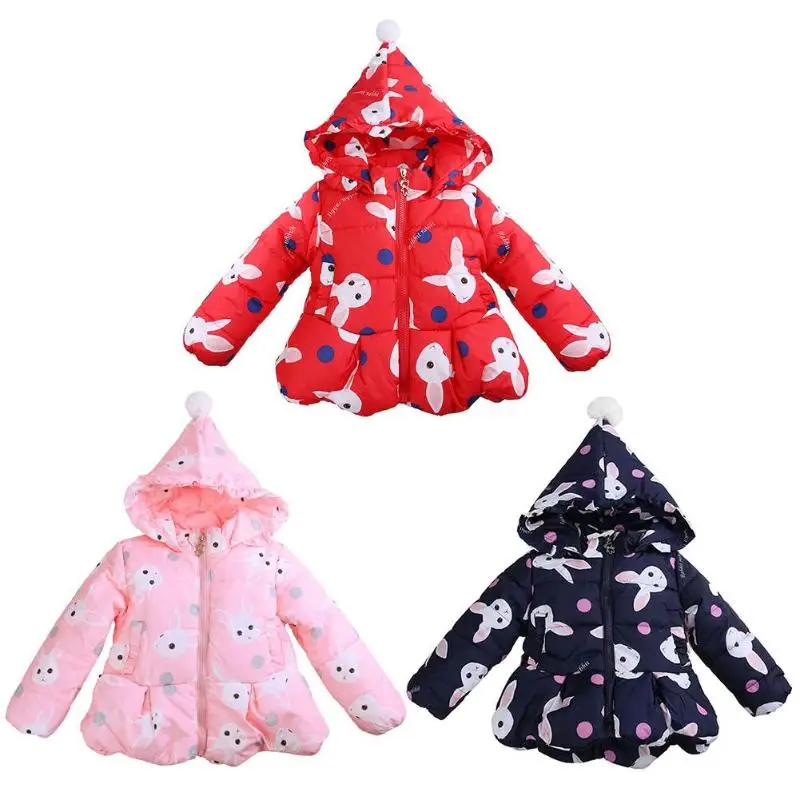 

1-4Y Girls Kids Winter Warm Rabbit Dot Print Thicken Hooded Coat Jacket