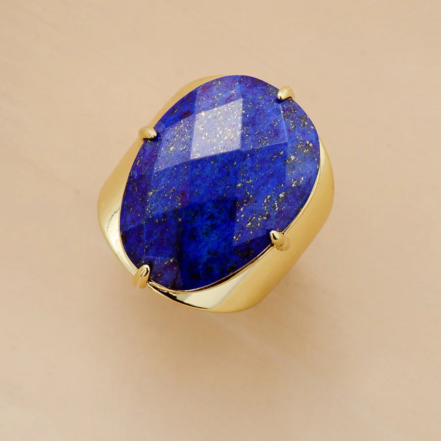 Big Stone Rings High Quality Jewelry New Fashion Gold Color Lapis Lazuli Luxury Party Ring Size 7 - Image 3