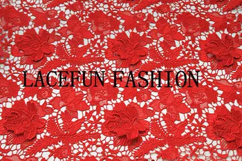 

Red lace fabric, crocheted hollowed out florals embroidered Poenies, venice lace fabric
