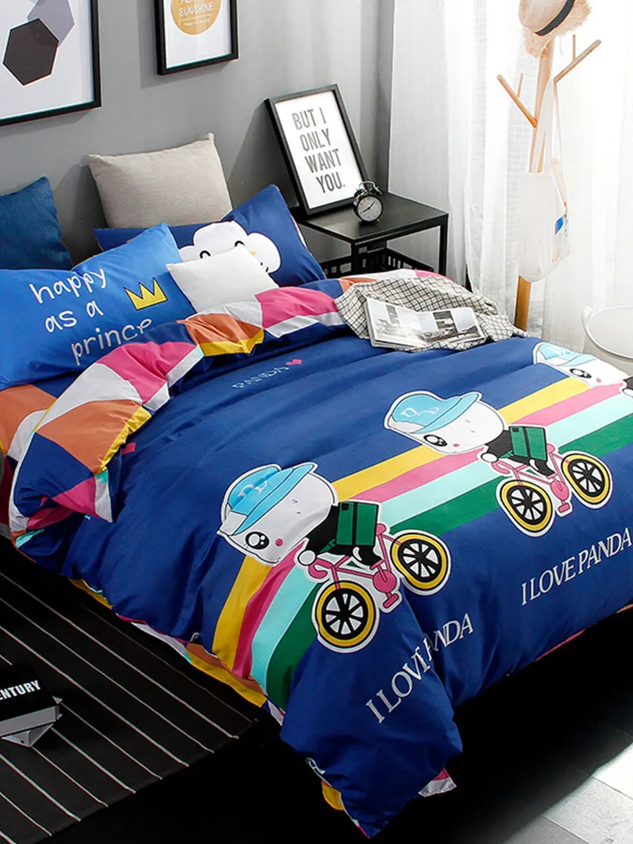 

4 Pcs Bedclothes Set Letters And Cartoon Character Patterns Comfortable Bedding Set