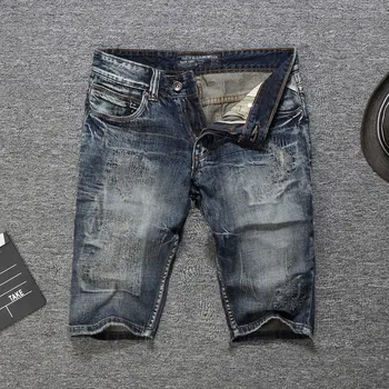 2019 Italian Style Fashion Men Jeans Shorts Slim Fit Short Ripped Jeans Summer Knee Length Denim Shorts Men,New Men Shorts Pants sokotoo men s fashion slim fit bib overalls male holes ripped jeans knee length capri shorts for man free shipping