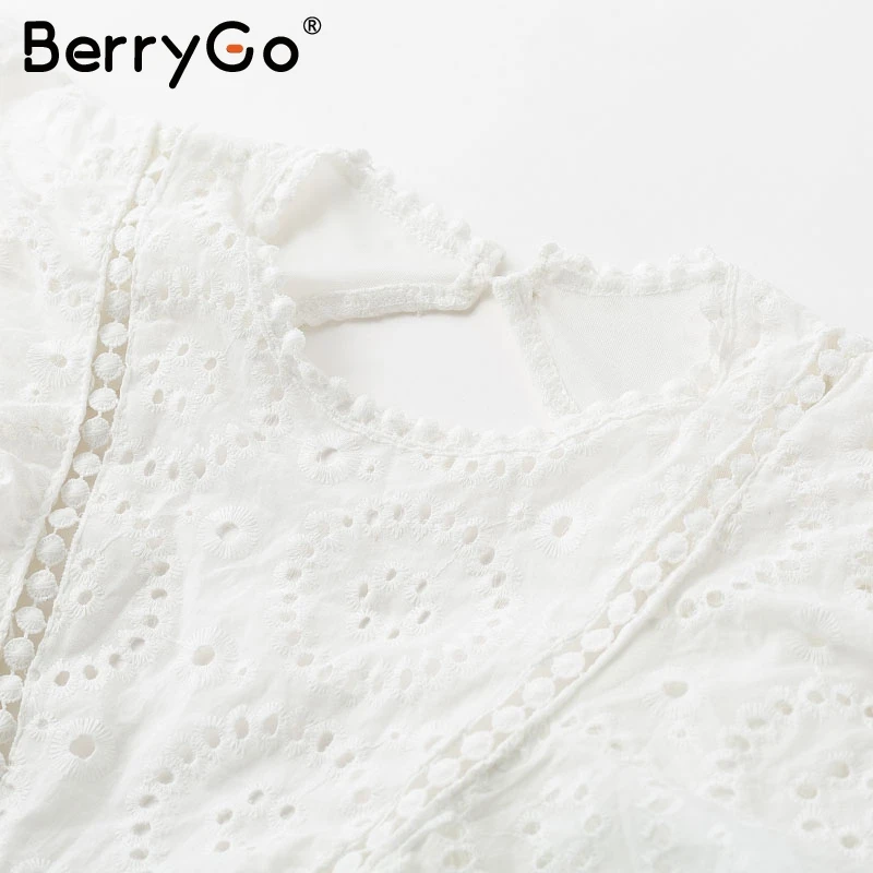 BerryGo хлопковое белое платье с вышивкой женское короткое рюшами на рукавах и